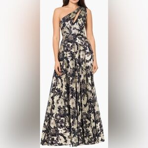 Betsy And Adam Metallic Floral One-Shoulder Sheath Gown. Gold And Navy, Size 6